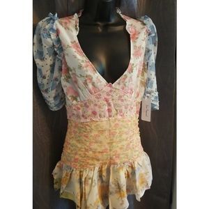 Sun Imperial Floral Deep V Ruched 3/4 Sleeve Ruffled Sheer Mini Dress NWT Sz.M